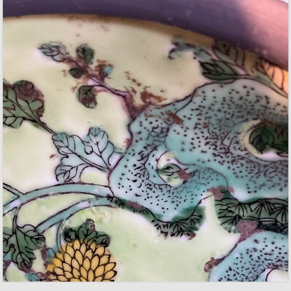 Japan Porcelain Metal Encased Bowl 8” Painted Hong Kong Pink Floral & Green Vtg - Picture 3 of 7